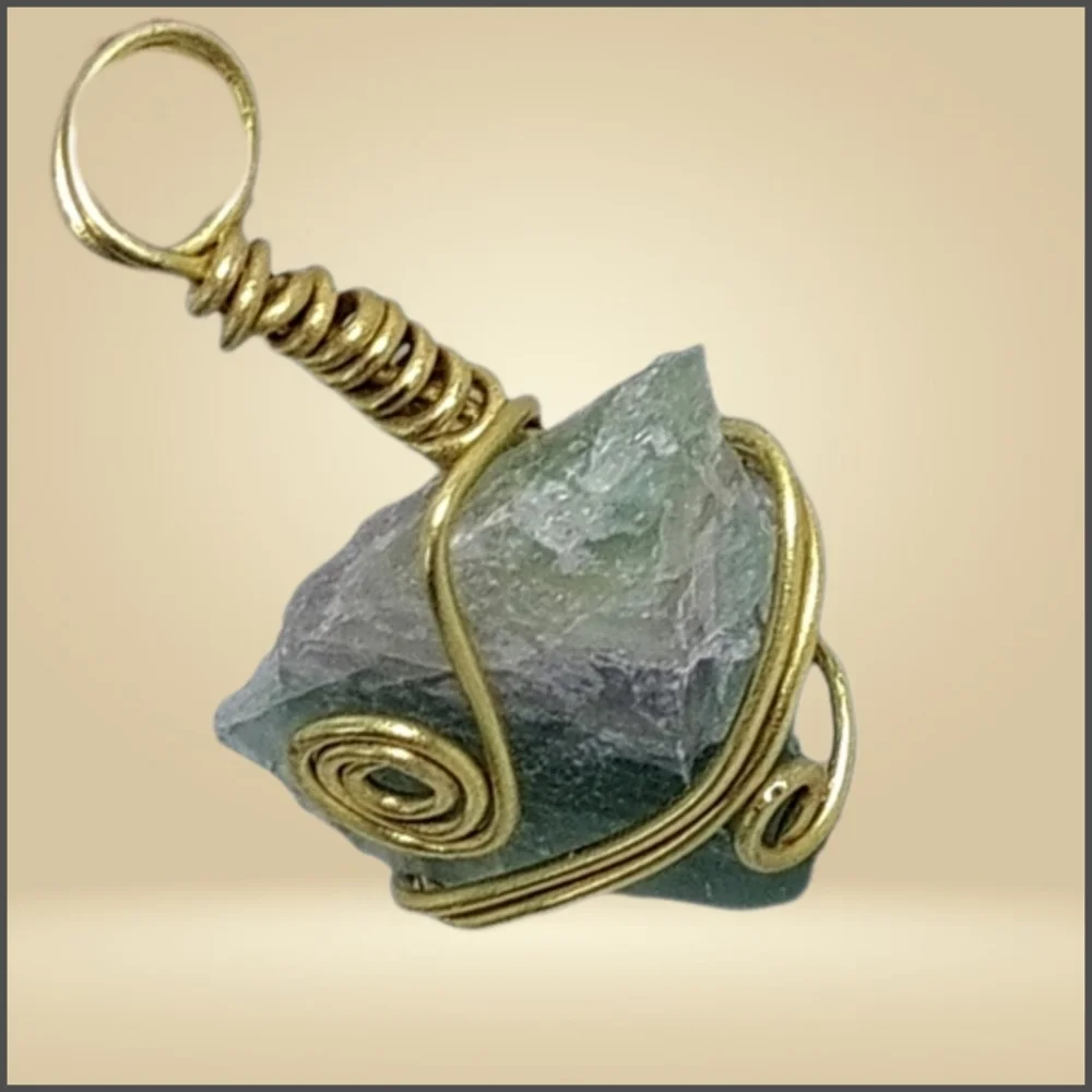 Raw Green Fluorite Gemstone Hand Wired Wrapped Pendant NWOT